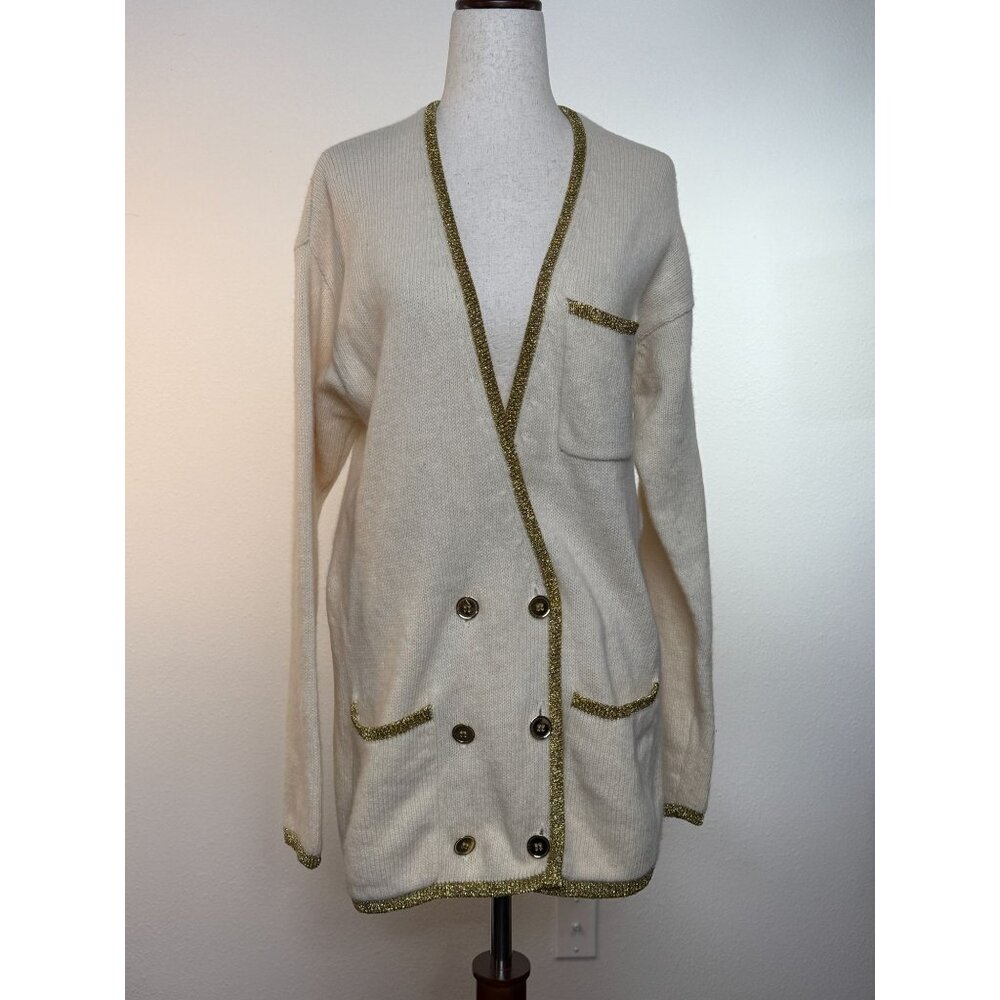 Liz Claiborne 80's Lambswool Angora Blend Cream Double-Breasted Cardigan W/ Gold
